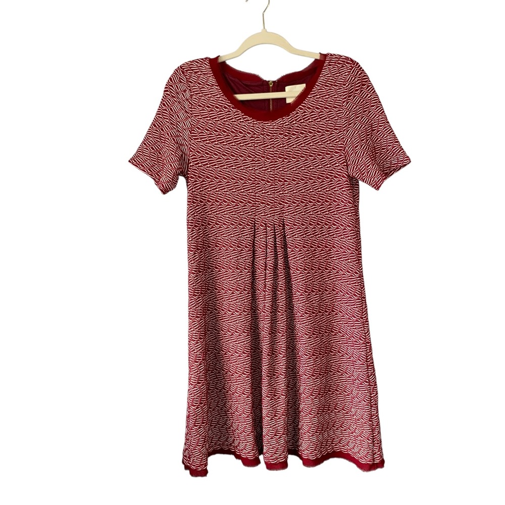 Maeve Textured Dora Dress Red White Short Sleeve Pleated Casual Dress‎ Medium